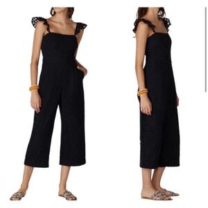 J CREW Black Eyelet Lace Square Neck Cropped Wide Leg Jumpsuit Womens 00